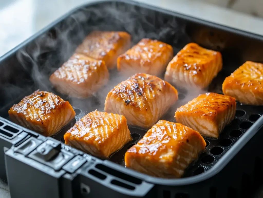 Freshly air-fried Bang Bang Salmon Bites in a black air fryer basket, golden brown and crispy.