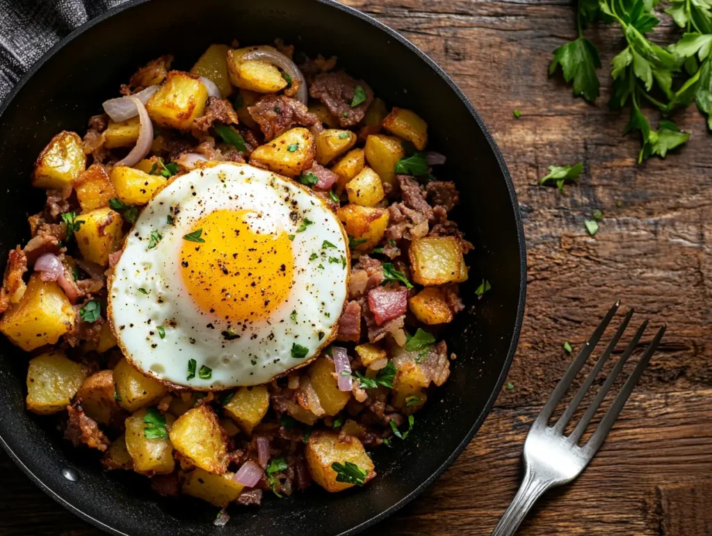 A crispy corned beef hash skillet with potatoes, onions, and a fried egg on top