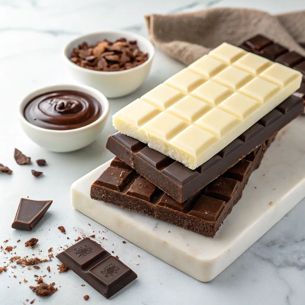 Stacked chocolate bars featuring dark, milk, and white varieties, next to a bowl of melted chocolate.