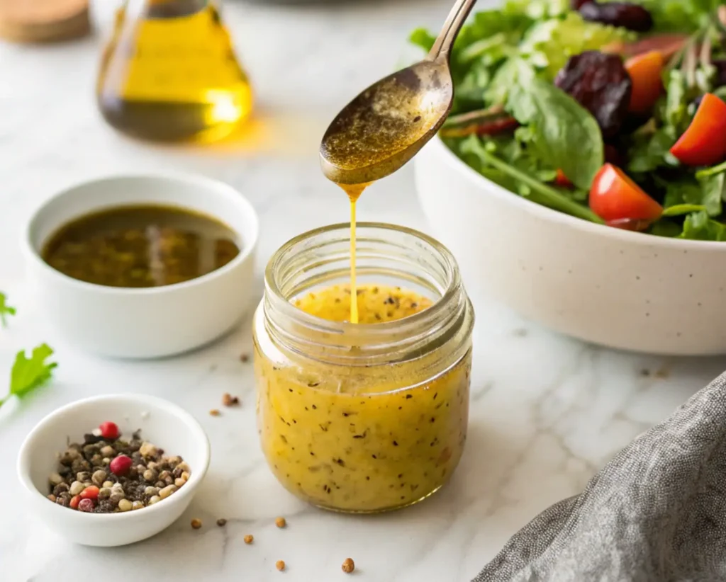 A jar of vinaigrette being drizzled over a fresh salad, surrounded by key ingredients like olive oil, vinegar, and mustard.