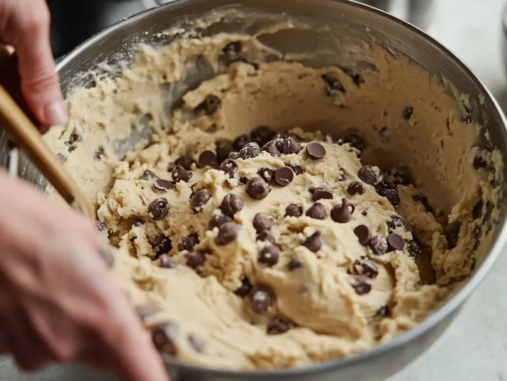 A close-up of Rice Krispie Chocolate Chip Cookie dough being mixed with chocolate chips and crispy cereal in a bowl