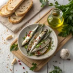 Fresh anchovies on a wooden board with salt, garlic, and parsley ready for preparation