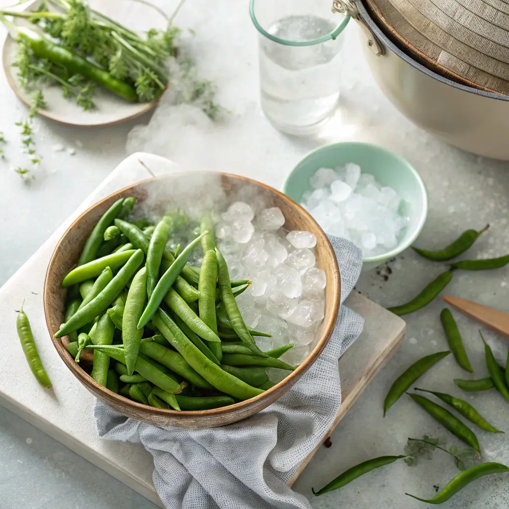 Freshly blanched green beans cooling in an ice bath to preserve color and texture.