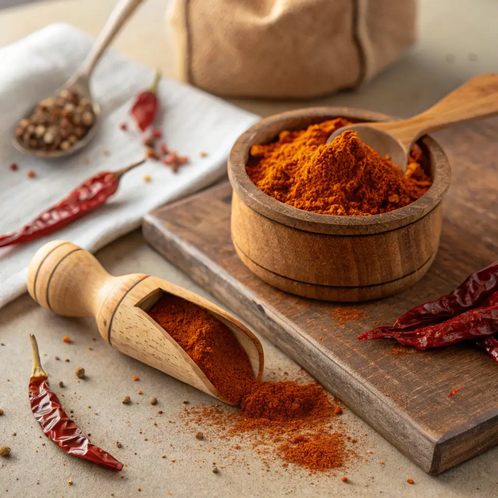 Ground chile de arbol powder spilling from a wooden grinder on a kitchen surface