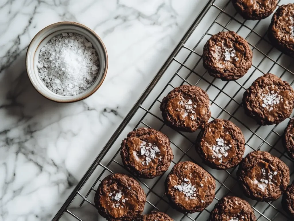 A tray of freshly baked brookies cooling on a wire rack, sprinkled with flaky sea salt for enhanced flavor