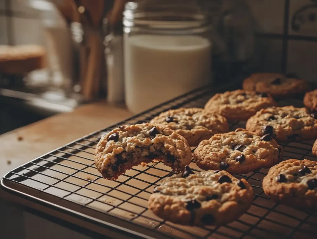 A batch of warm, freshly baked Rice Krispie Chocolate Chip Cookies cooling on a wire rack, with a glass of milk nearby.