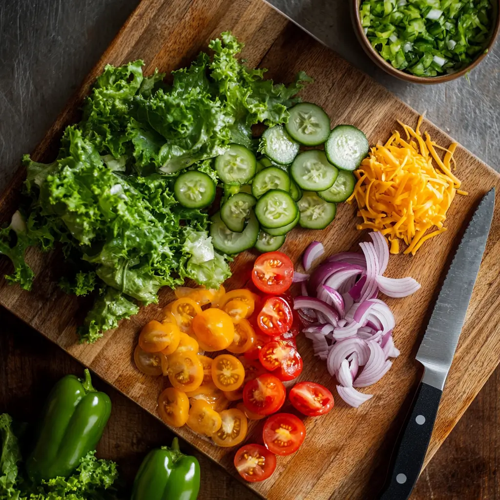 Freshly chopped cherry tomatoes, pickles, jalapeños, and red onions on a wooden cutting board.