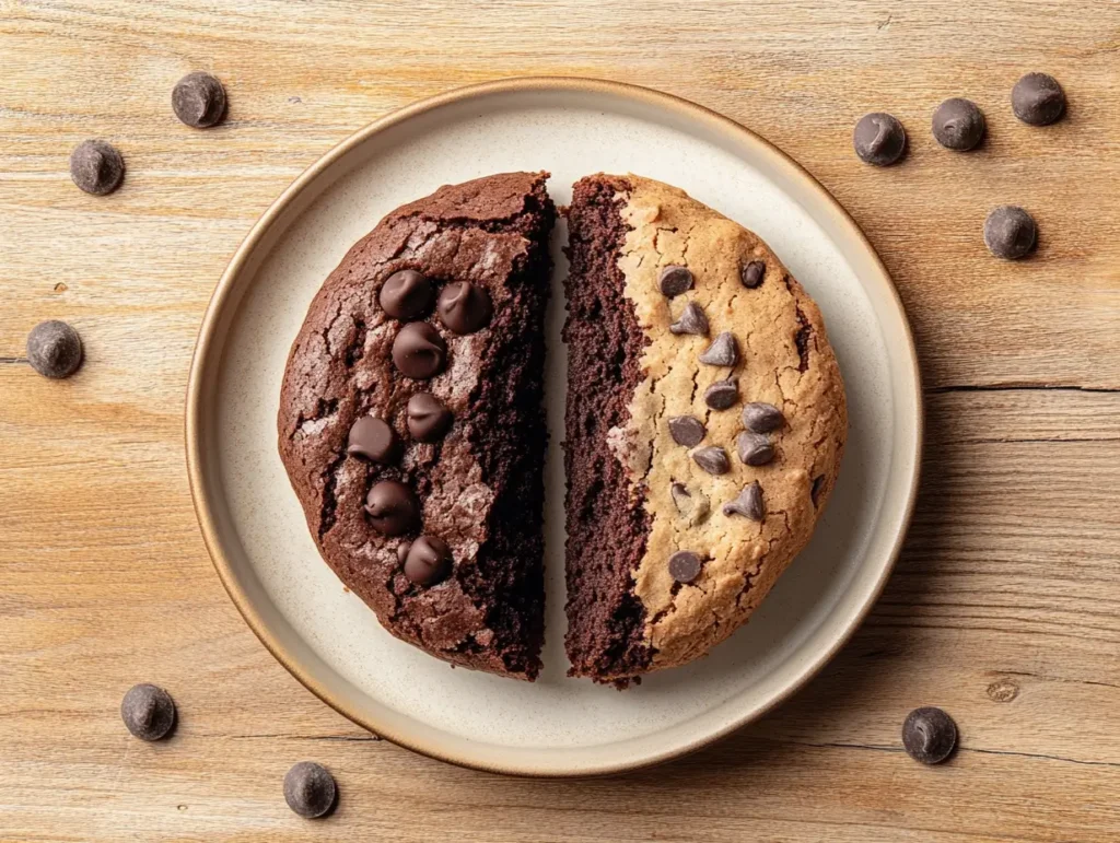 A fudgy chewy brookie cut in half, showing its gooey brownie bottom and chewy cookie top.