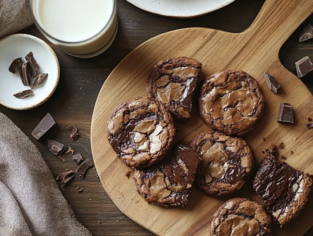 Freshly baked fudgy chewy brookies on a rustic wooden board, with a glass of milk and a plate nearby.