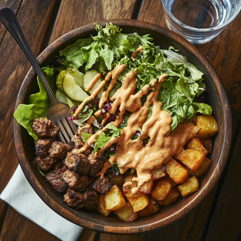 A fully assembled burger bowl with ground beef, fresh vegetables, crispy potatoes, and a drizzle of special sauce.