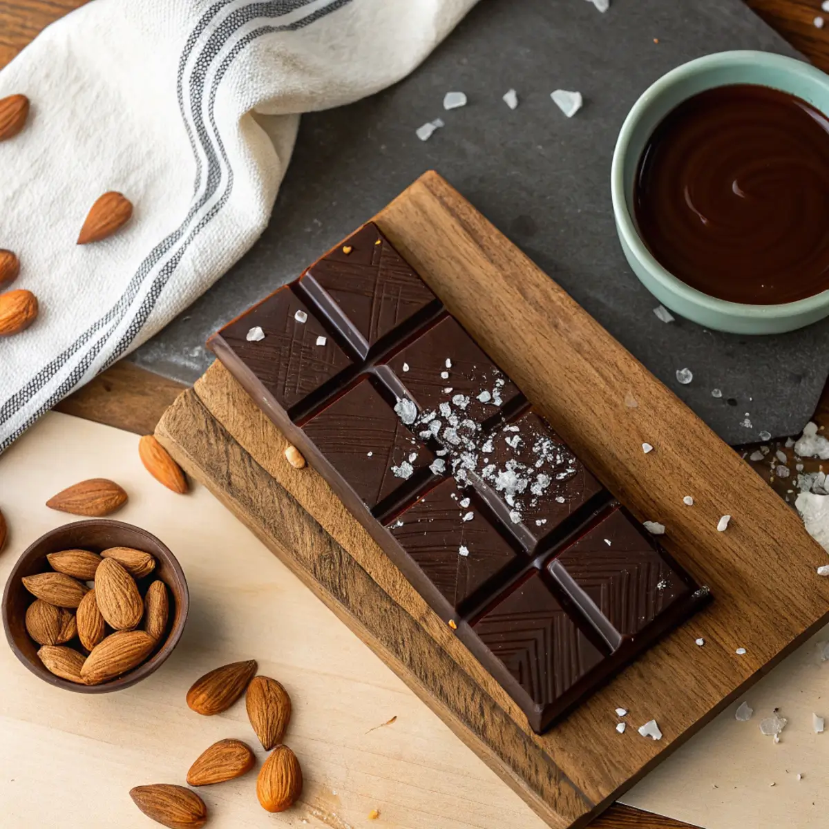 Dark chocolate bar topped with almonds and sea salt on a rustic wooden surface, with cacao powder and melted chocolate nearby