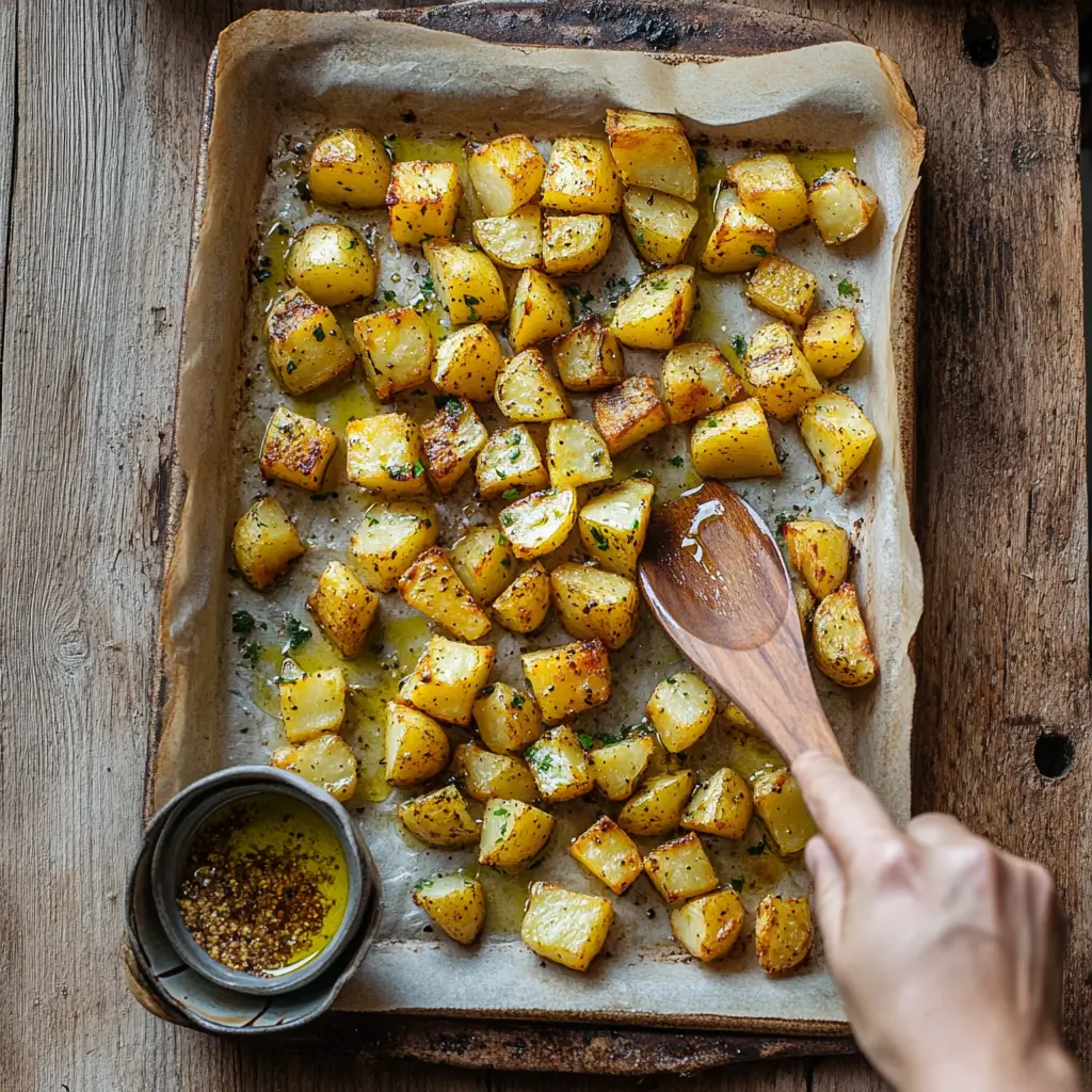 Crispy roasted potato cubes on a parchment-lined baking sheet, tossed with seasoning and olive oil.