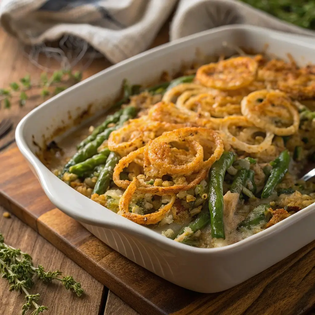 Green bean casserole fresh out of the oven, topped with golden brown crispy fried onions.