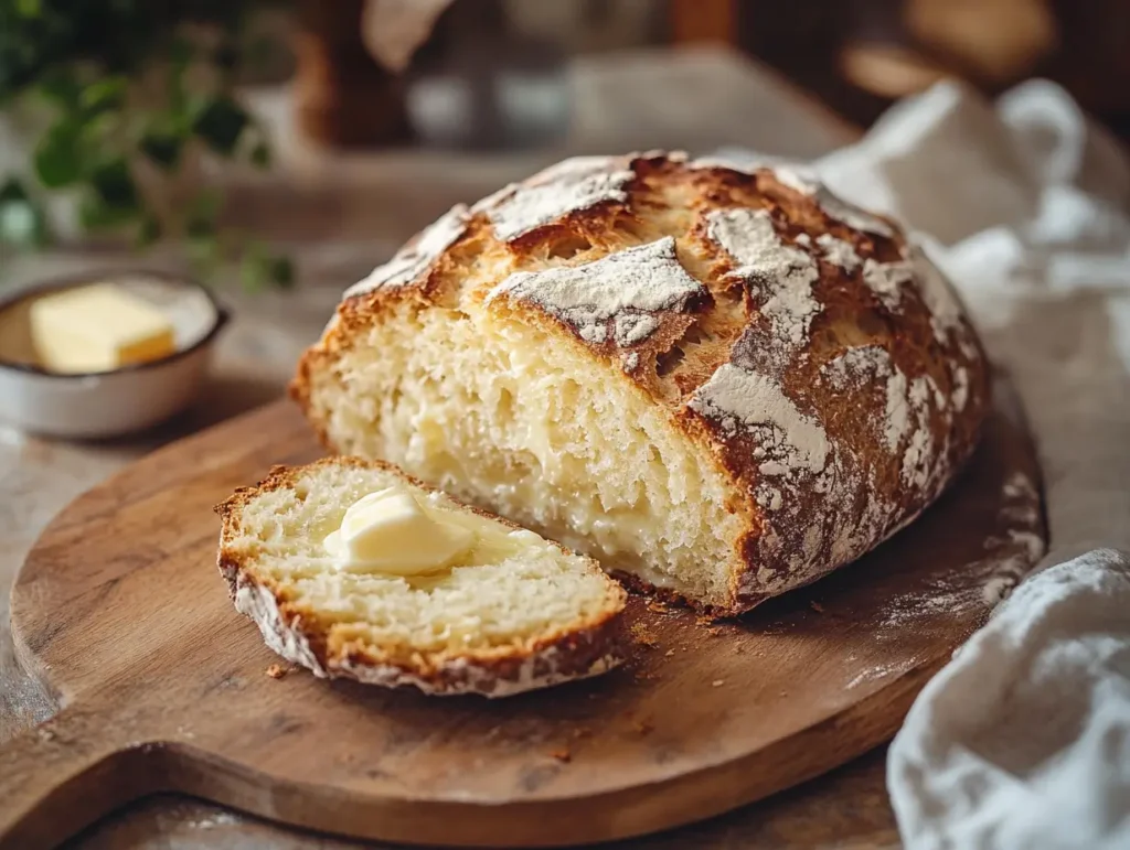 A freshly baked loaf of Irish soda bread with a golden crust, served with butter