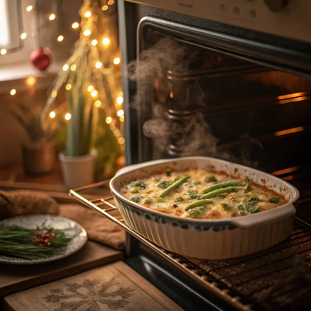 Green bean casserole bubbling in the oven, with the creamy filling hot and steamy.