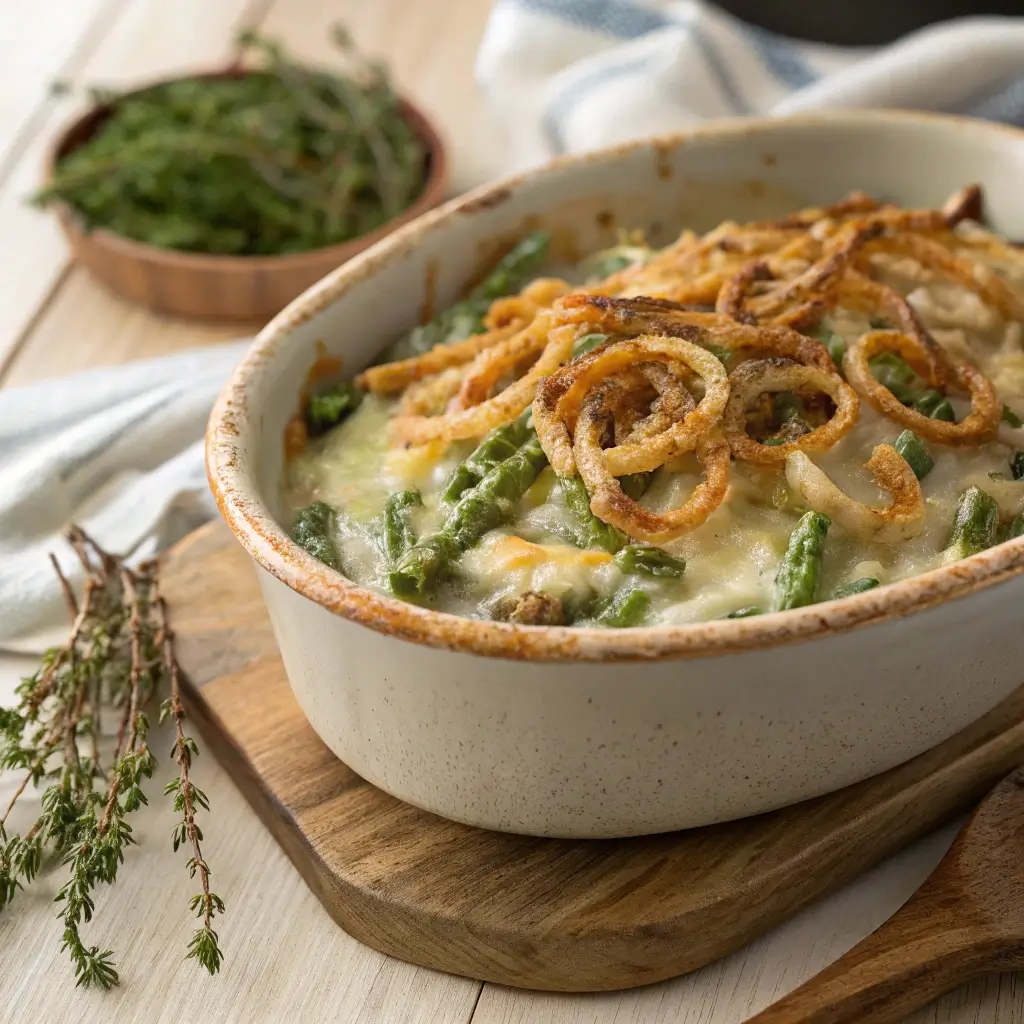 A green bean casserole recipe perfect for holidays with creamy sauce