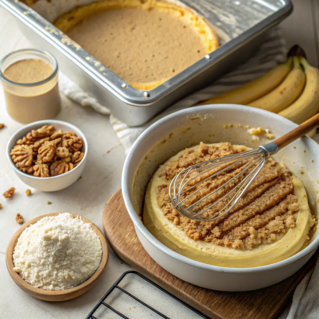 A mixing bowl with smooth banana cake batter, a whisk inside, and mashed bananas, flour, and a wooden spoon nearby.