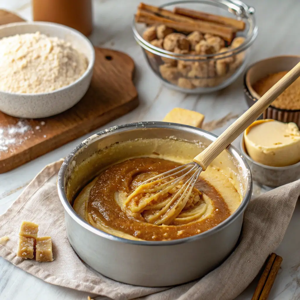 A saucepan with bubbling caramel sauce being stirred with a wooden spoon, placed on a marble countertop with butter and sugar nearby.