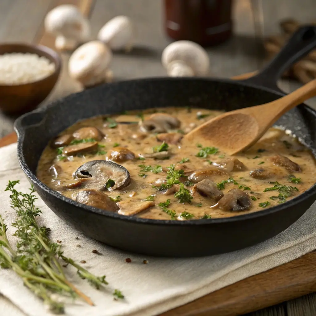 Creamy homemade mushroom sauce simmering in a skillet with mushrooms and garlic.