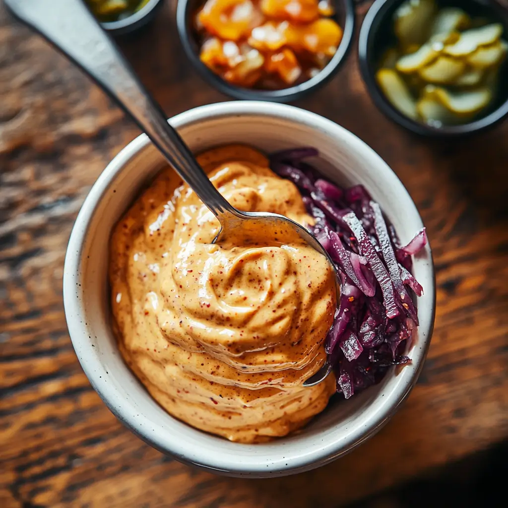 A small bowl of creamy special sauce with a spoon swirling through, surrounded by condiment ingredients