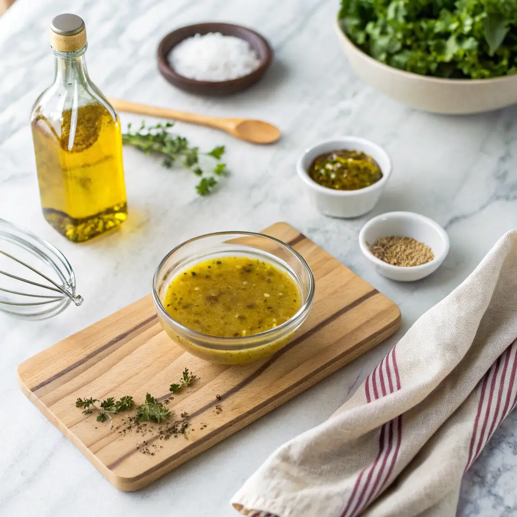 A separated vinaigrette sauce in a glass bowl, illustrating a common emulsification mistake, with a whisk and ingredients on a marble countertop.