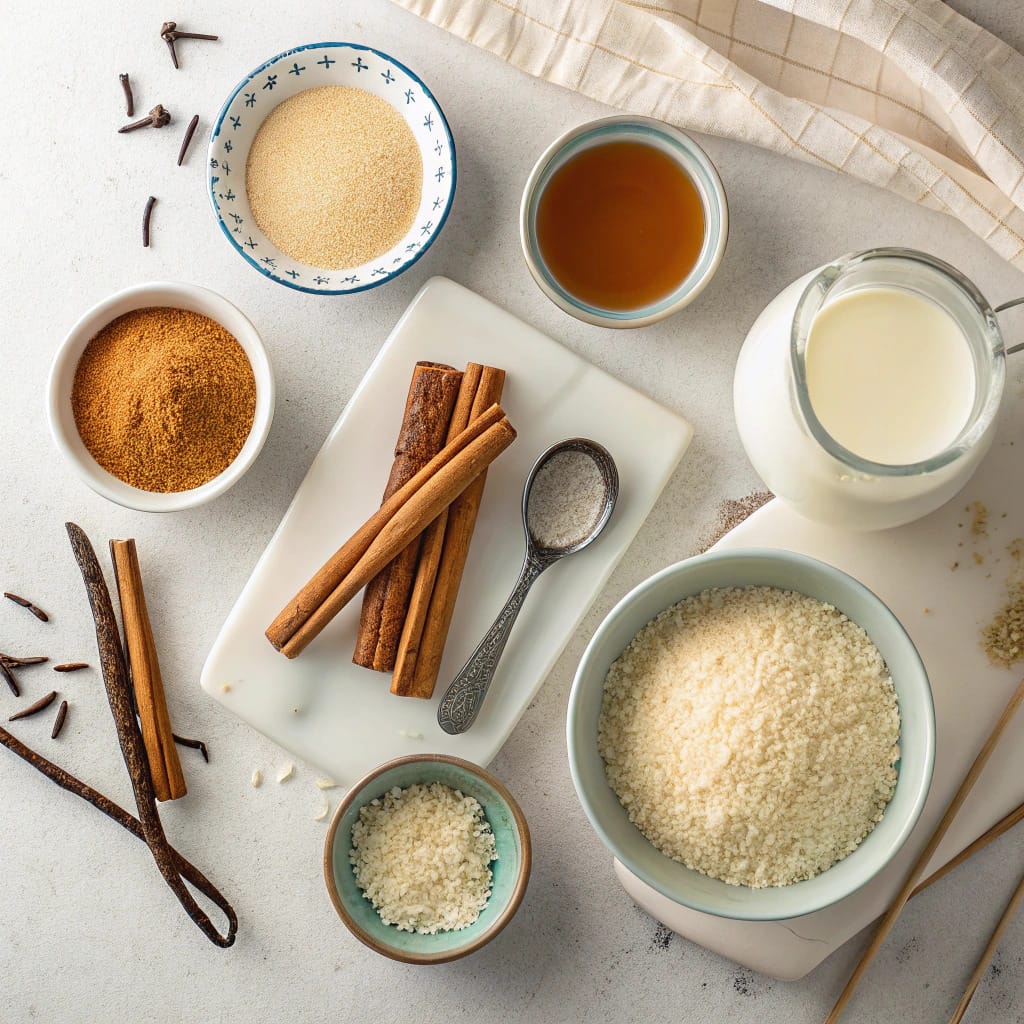 Ingredients for arroz con leche on a kitchen countertop, including rice, milk, cinnamon, and vanilla