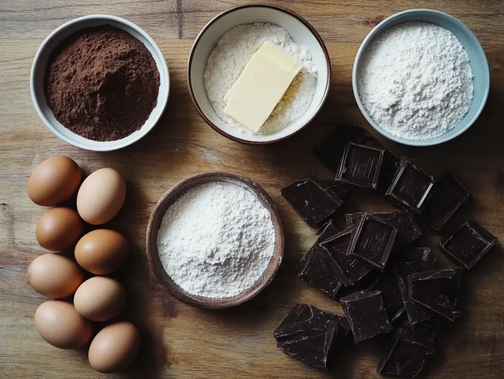 A flat-lay of all the ingredients needed to make fudgy chewy brookies, including cocoa, eggs, butter, and chocolate.