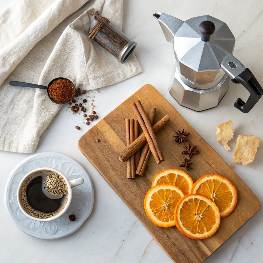 Flat lay of espresso, Licor 43, cinnamon sticks, and orange peel on a wooden cutting board in a bright kitchen