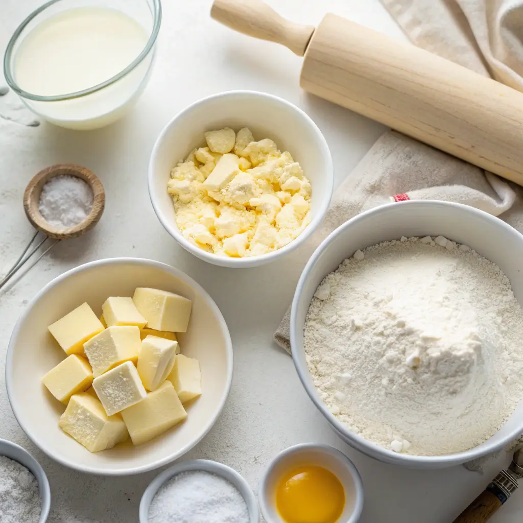 Ingredients for making Gipfeli recipes Ingredients for making Gipfeli recipes including flour, butter, milk, sugar, and yeast