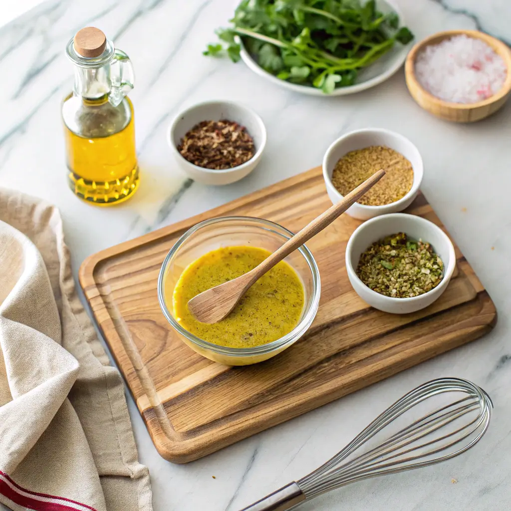 Ingredients for homemade vinaigrette – olive oil, vinegar, Dijon mustard, garlic, and honey arranged on a wooden board.