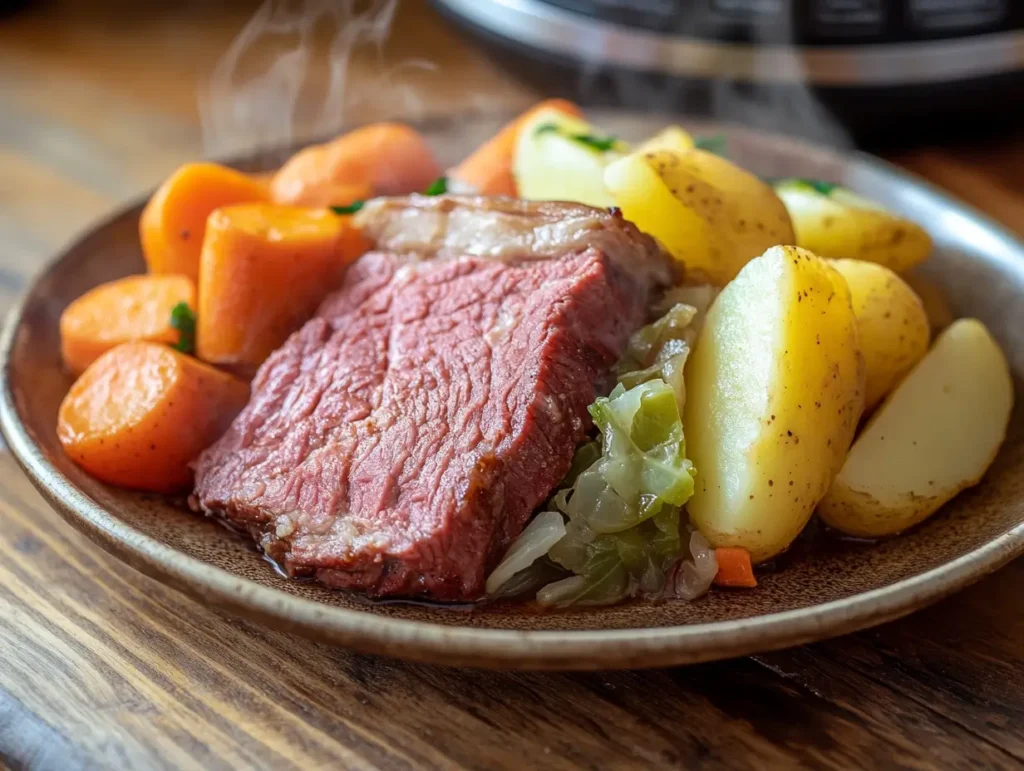 A plate of Instant Pot corned beef and cabbage with carrots and potatoes.