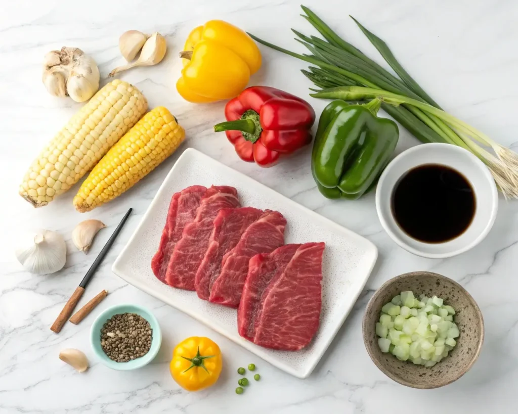 Ingredients for pepper steak, including steak, bell peppers, garlic, and soy sauce