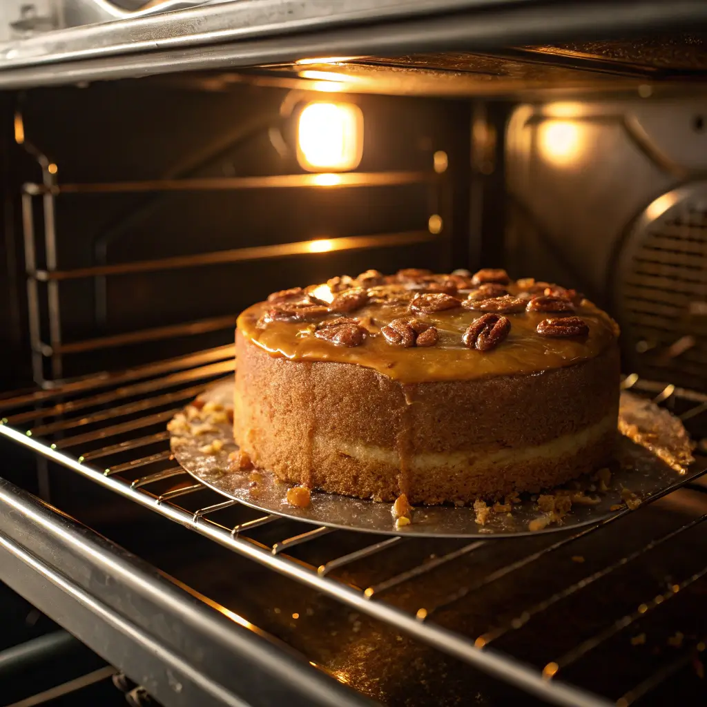 A fully assembled banana pecan caramel layer cake with caramel drizzled down the sides, topped with crunchy pecans.