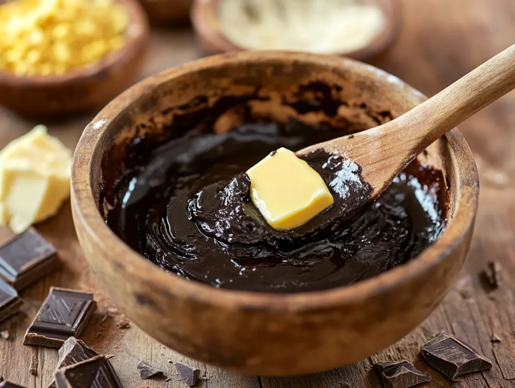 A bowl of melted butter and dark chocolate being mixed with a wooden spoon, creating a glossy texture.