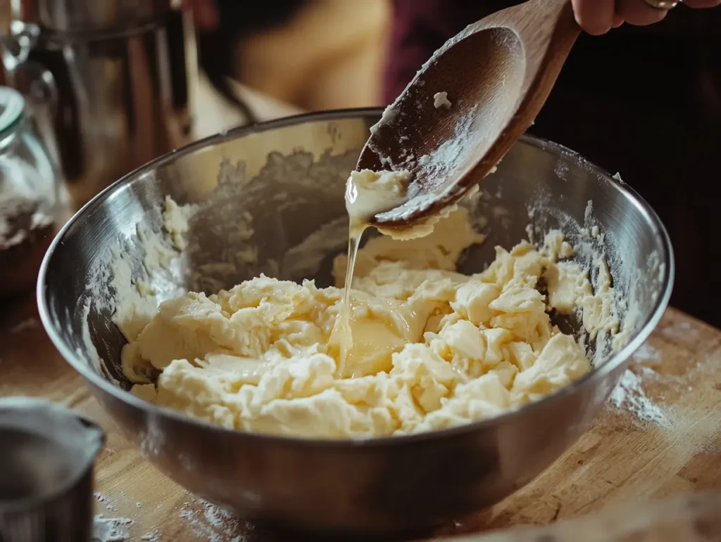 A mixing bowl with creamed butter and sugar, with vanilla extract being added for Rice Krispie Chocolate Chip Cookie dough.