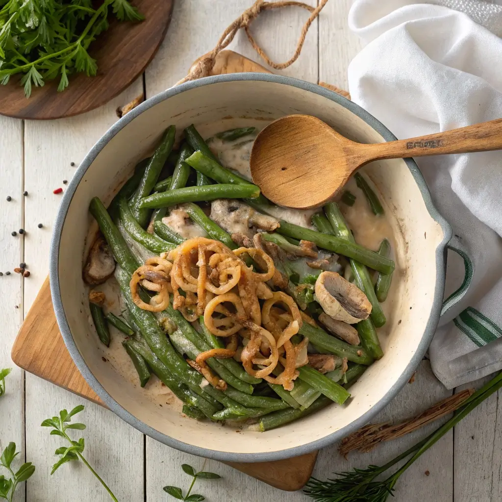 Green beans mixed with creamy mushroom sauce and fried onions in a large bowl, ready for baking.