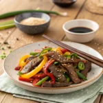 Plate of homemade pepper steak with caramelized beef and bell peppers in soy sauce