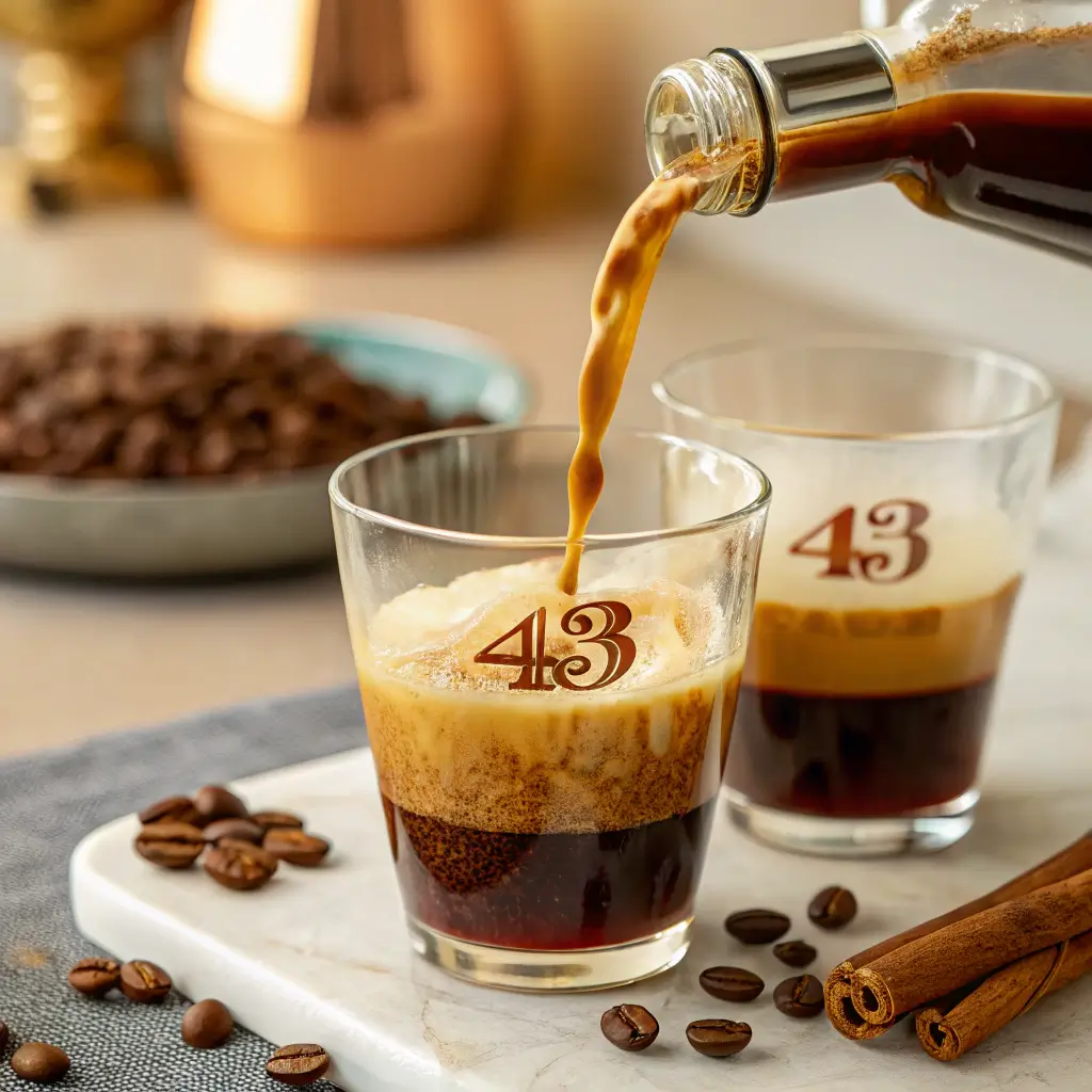 Close-up of hot espresso being poured over Licor 43, creating a layered Carajillo Recipe with coffee beans in the background.