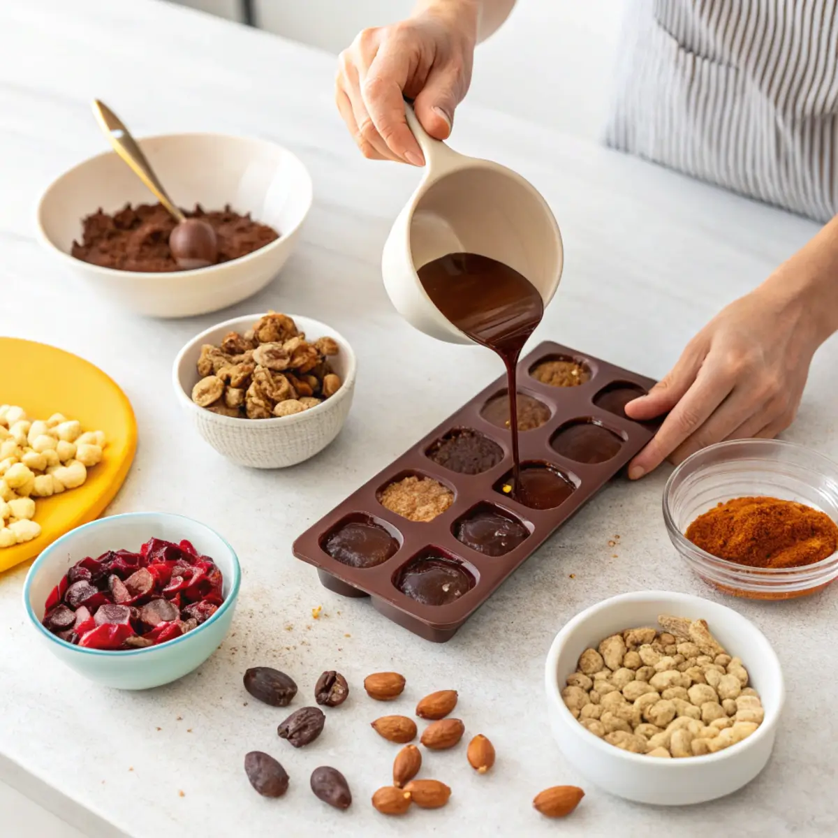 Hands pouring melted chocolate into silicone molds on a counter, with bowls of toppings nearby.