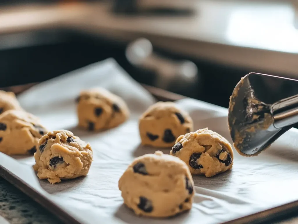 Scooped Rice Krispie Chocolate Chip Cookie dough balls on a parchment-lined baking sheet, ready to go into the oven.