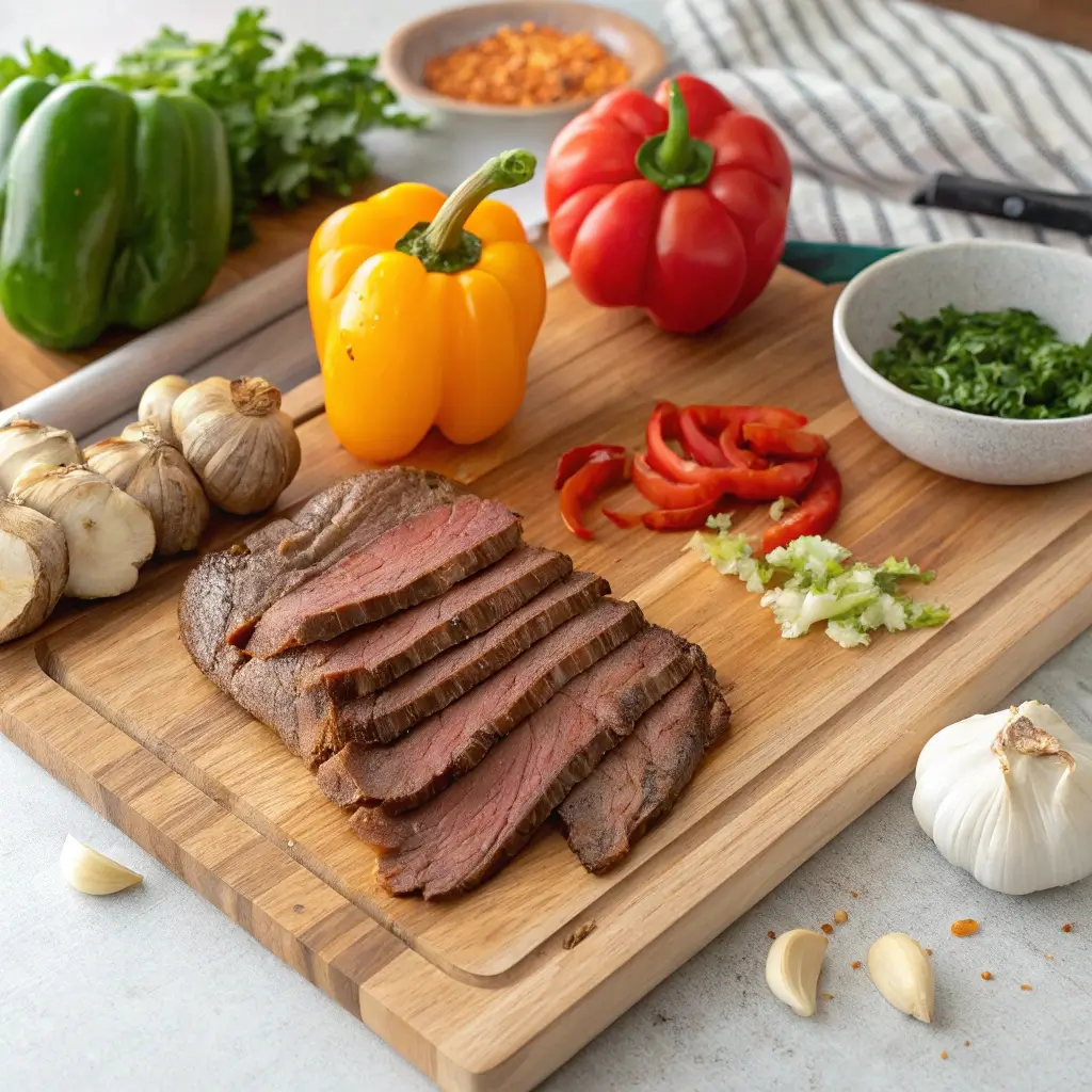 Thinly sliced flank steak, bell peppers, garlic, and ginger on a cutting board