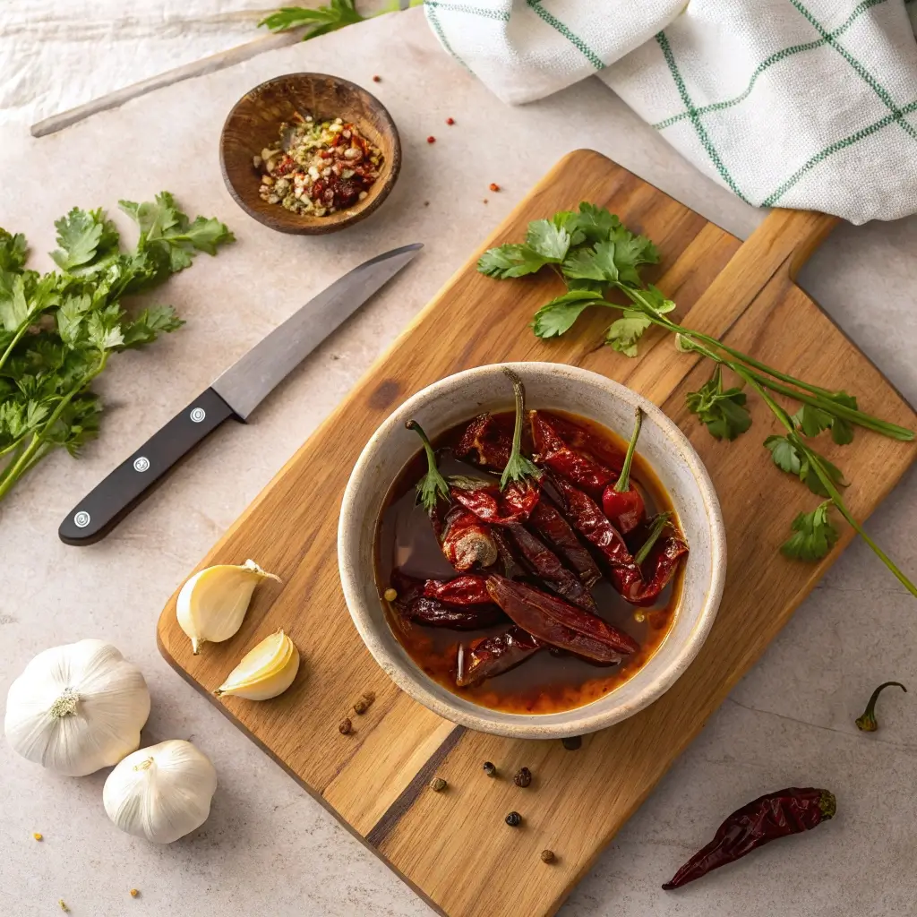 Rehydrated chile de arbol soaking in warm water with garlic and herbs on a wooden board