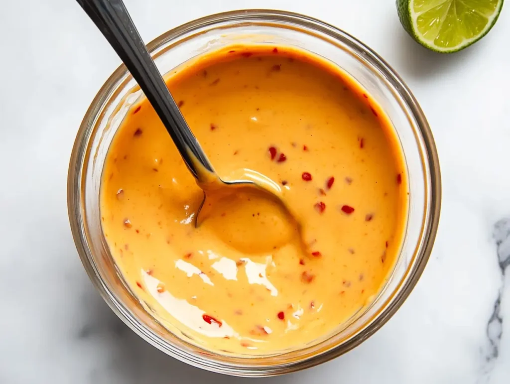 A glass bowl filled with homemade Bang Bang sauce, creamy and spicy, with a spoon and fresh lime on the side.