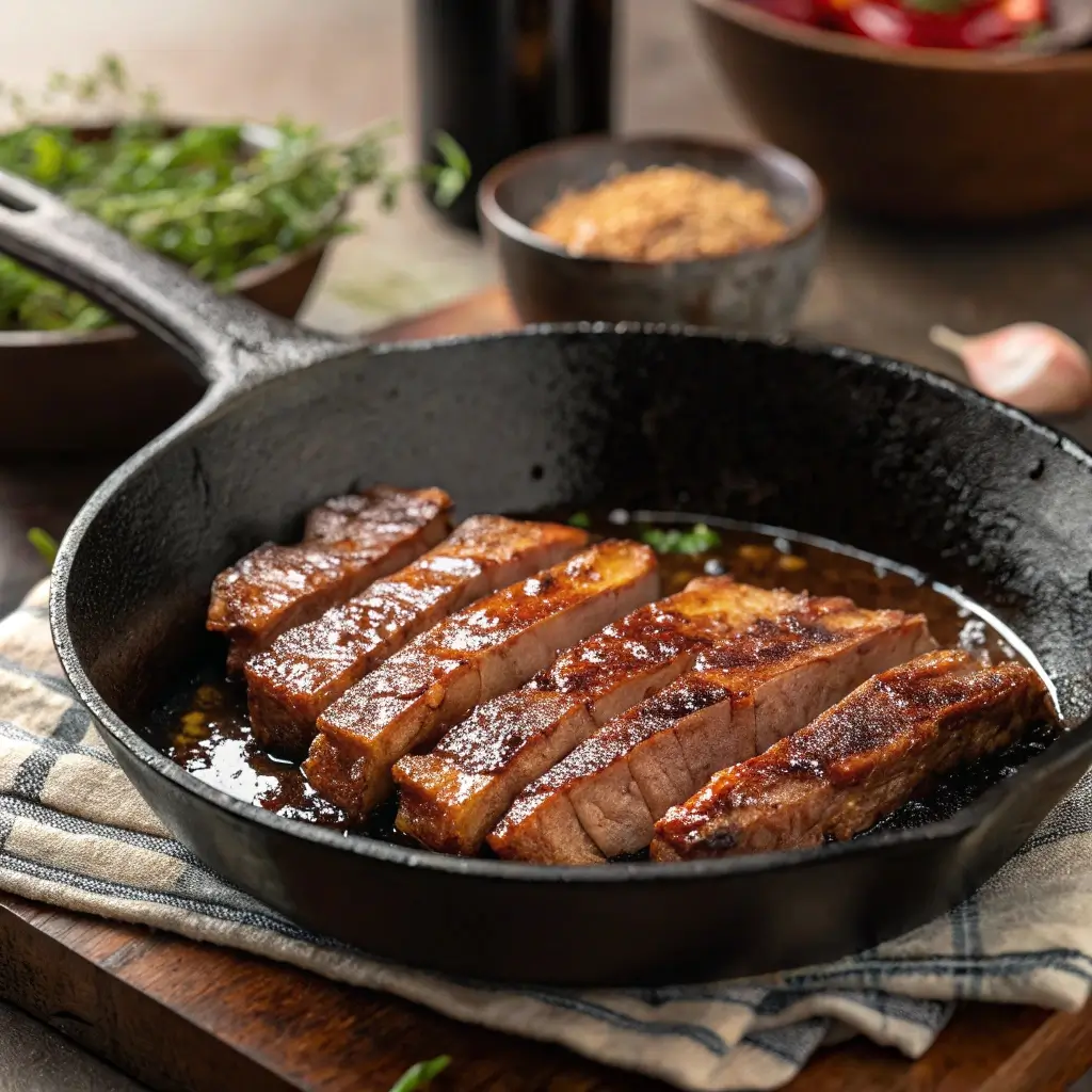 Searing beef strips in a pan with a caramelized golden crust