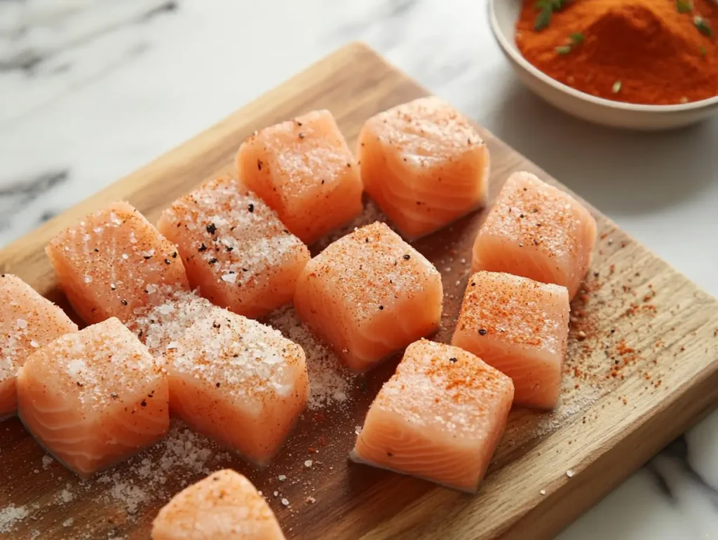 Fresh salmon bites coated in a blend of seasonings and cornstarch, ready for cooking on a wooden cutting board.