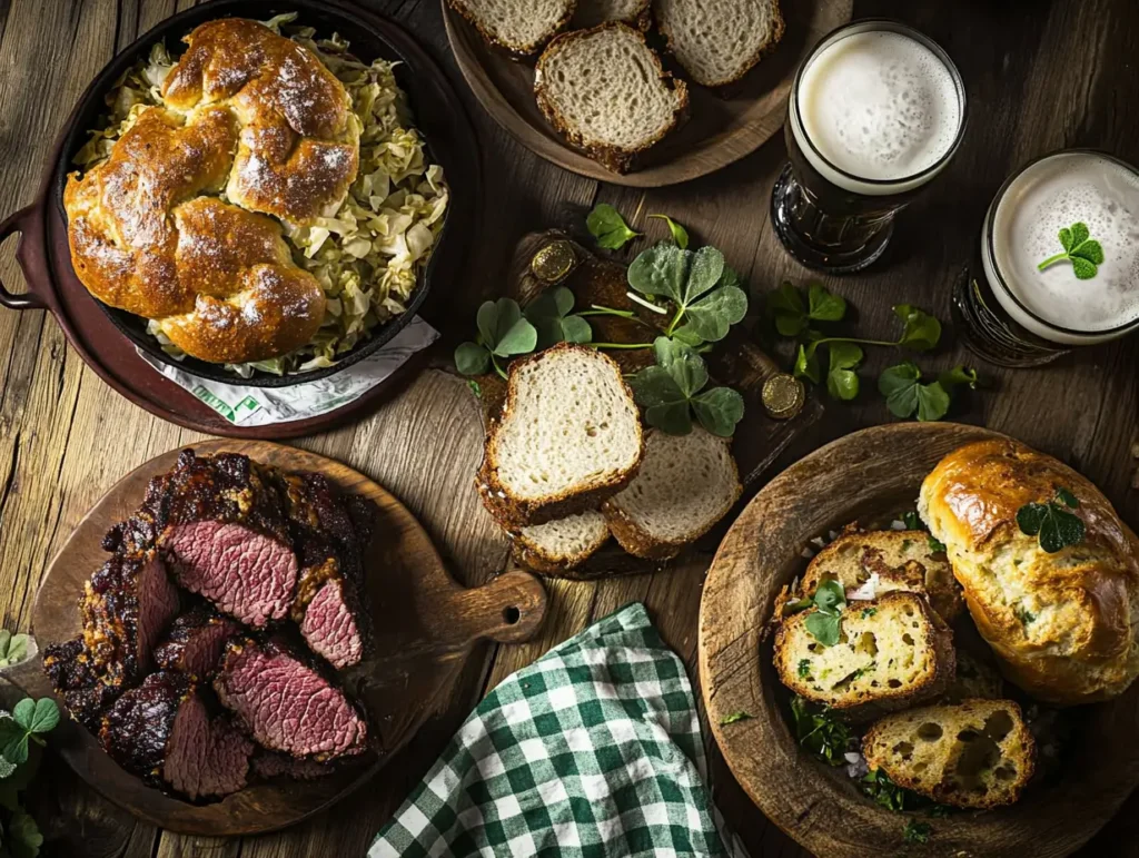 A rustic Irish feast with corned beef and cabbage, Irish soda bread, and a pint of Guinness on a wooden table