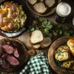 St Patricks Day recipes, Irish soda bread, and a pint of Guinness on a wooden table