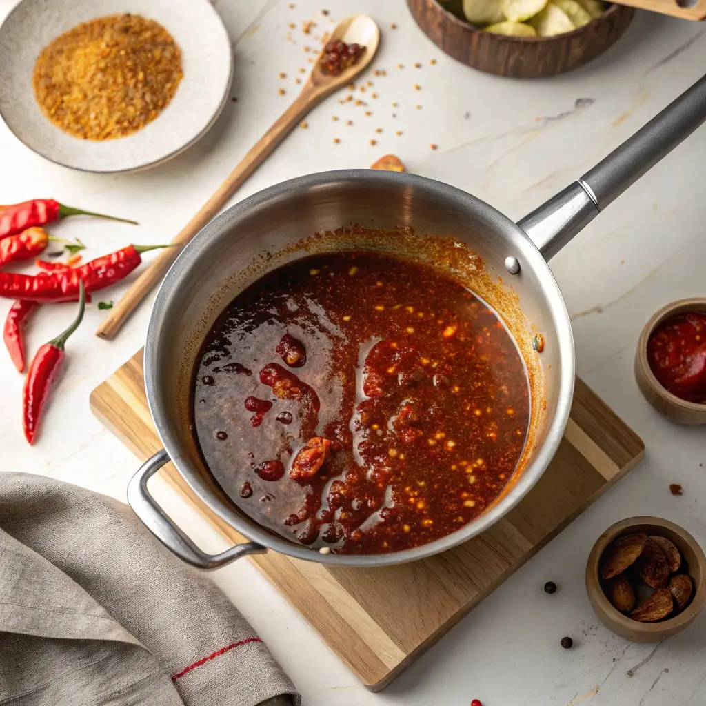 Soy-based sauce thickening in a pan for pepper steak