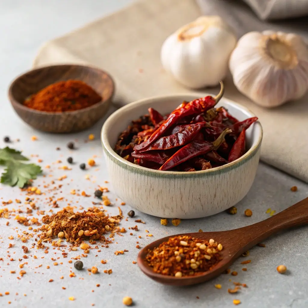 Toasted chile de arbol peppers with chili flakes and garlic in a kitchen setting