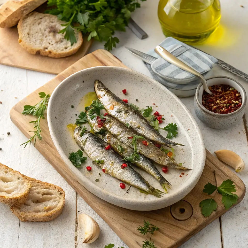 Plate of traditional Spanish boquerones with garlic, parsley, and olive oil served on a rustic kitchen counter